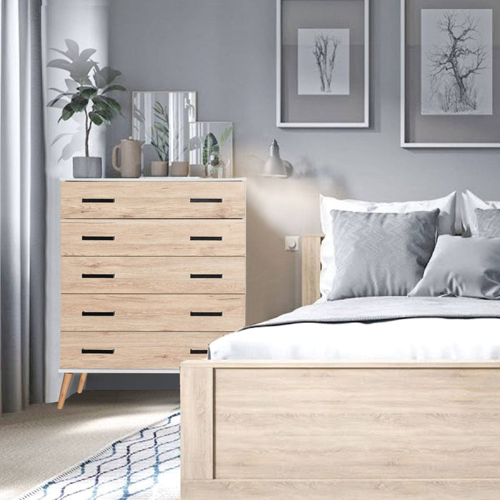 Better Home Products Eli Mid-Century Modern 5 Drawer Chest in White & Natural Oak