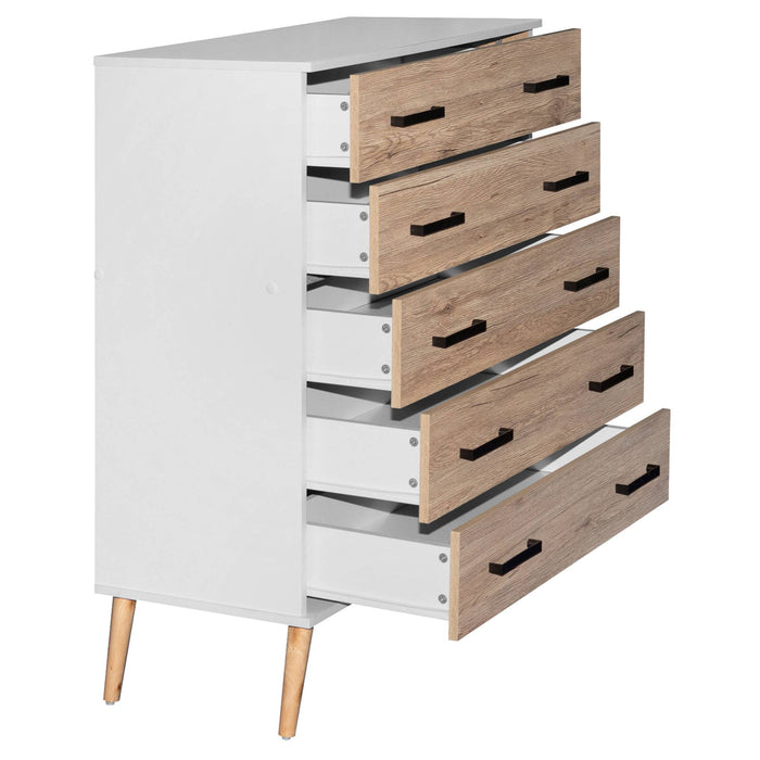 Better Home Products Eli Mid-Century Modern 5 Drawer Chest in White & Natural Oak