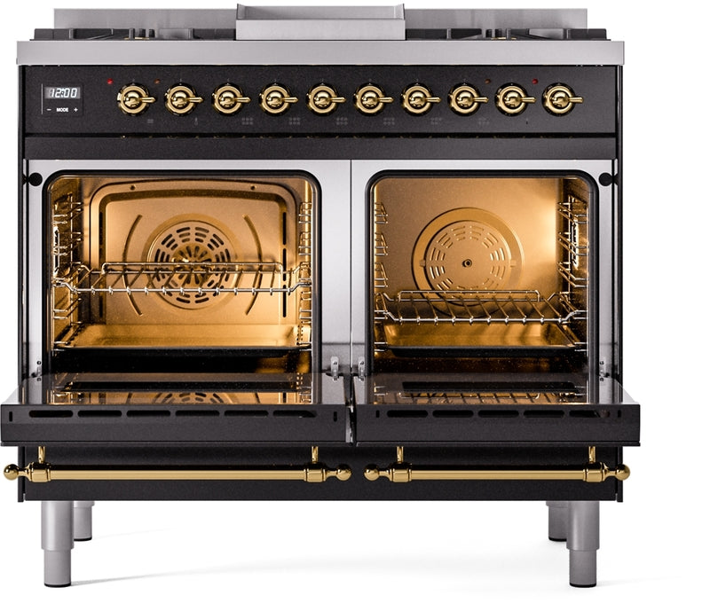 ILVE Nostalgie II 40" Dual Fuel Natural Gas Range in Black with Brass Trim, UPD40FNMPBKG