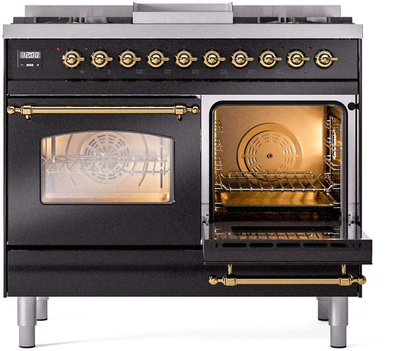 ILVE Nostalgie II 40" Dual Fuel Natural Gas Range in Black with Brass Trim, UPD40FNMPBKG