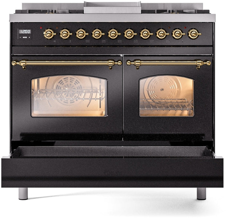 ILVE Nostalgie II 40" Dual Fuel Natural Gas Range in Black with Brass Trim, UPD40FNMPBKG