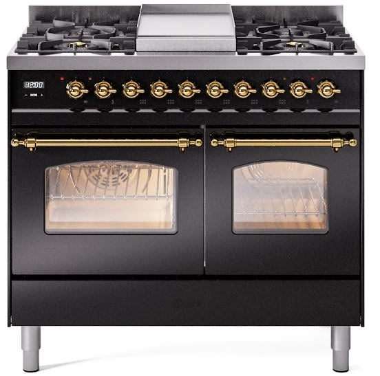 ILVE Nostalgie II 40" Dual Fuel Natural Gas Range in Black with Brass Trim, UPD40FNMPBKG