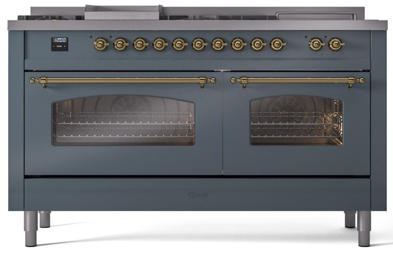 ILVE Nostalgie II 60" Dual Fuel Natural Gas Range in Blue Grey with Brass Trim, UP60FSNMPBGG