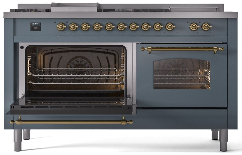 ILVE Nostalgie II 60" Dual Fuel Natural Gas Range in Blue Grey with Brass Trim, UP60FSNMPBGG