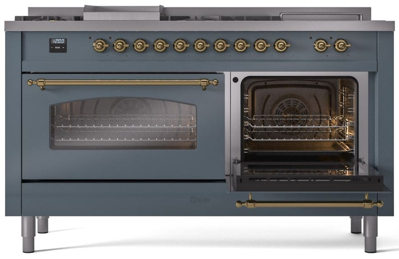 ILVE Nostalgie II 60" Dual Fuel Natural Gas Range in Blue Grey with Brass Trim, UP60FSNMPBGG