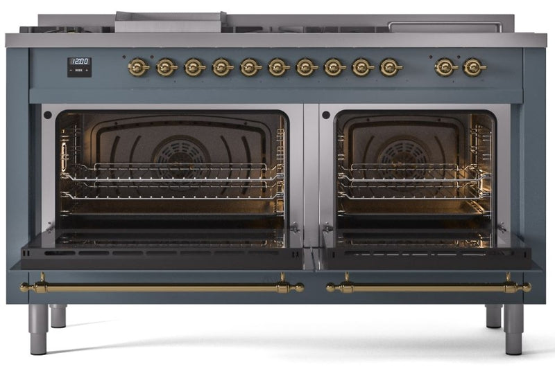 ILVE Nostalgie II 60" Dual Fuel Natural Gas Range in Blue Grey with Brass Trim, UP60FSNMPBGG