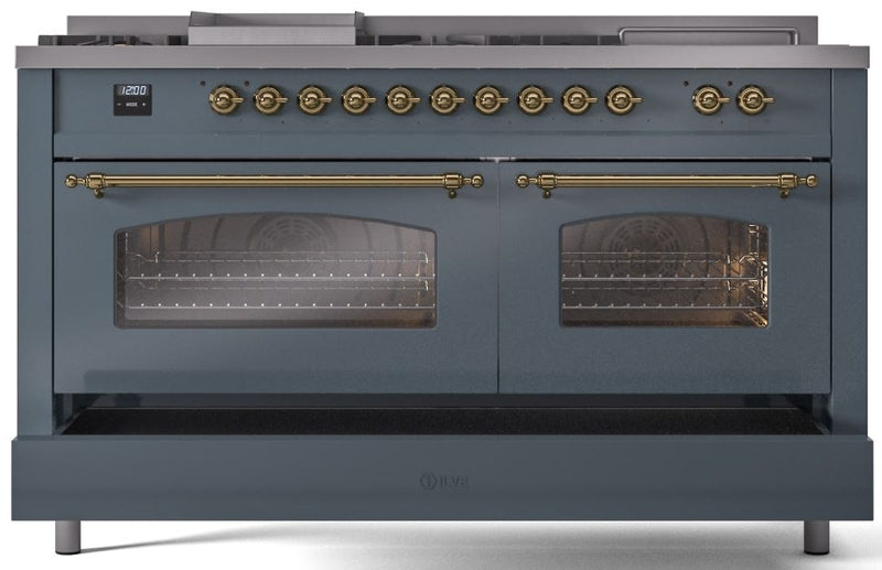 ILVE Nostalgie II 60" Dual Fuel Natural Gas Range in Blue Grey with Brass Trim, UP60FSNMPBGG