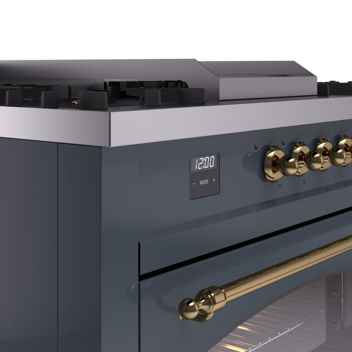 ILVE Nostalgie II 60" Dual Fuel Natural Gas Range in Blue Grey with Brass Trim, UP60FSNMPBGG