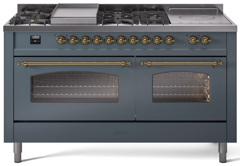 ILVE Nostalgie II 60" Dual Fuel Natural Gas Range in Blue Grey with Brass Trim, UP60FSNMPBGG