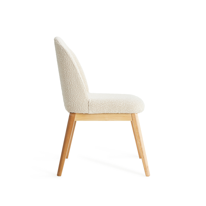 Ready to Ship Solid Ashwood Natural Boucle Dining Chair with White Luxury Fabric (SET OF 2 PCS)