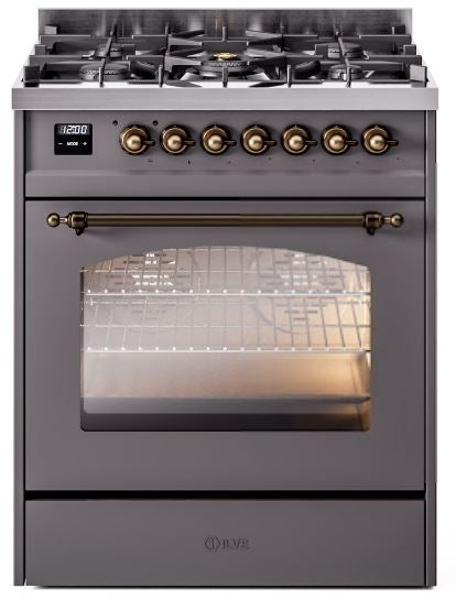 ILVE Nostalgie II 30" Dual Fuel Propane Gas Range in Matte Graphite with Bronze Trim, UP30NMPMGBLP