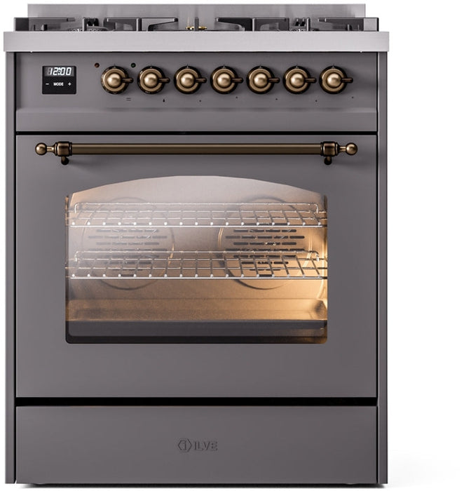 ILVE Nostalgie II 30" Dual Fuel Propane Gas Range in Matte Graphite with Bronze Trim, UP30NMPMGBLP