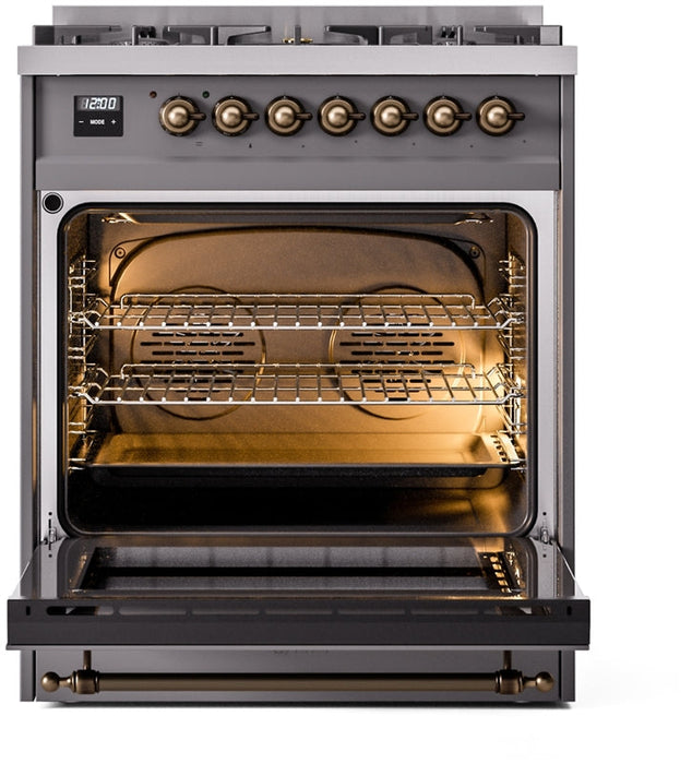 ILVE Nostalgie II 30" Dual Fuel Propane Gas Range in Matte Graphite with Bronze Trim, UP30NMPMGBLP