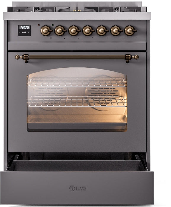 ILVE Nostalgie II 30" Dual Fuel Propane Gas Range in Matte Graphite with Bronze Trim, UP30NMPMGBLP