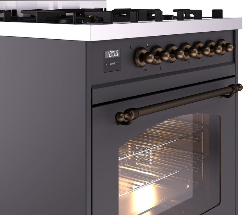 ILVE Nostalgie II 30" Dual Fuel Propane Gas Range in Matte Graphite with Bronze Trim, UP30NMPMGBLP