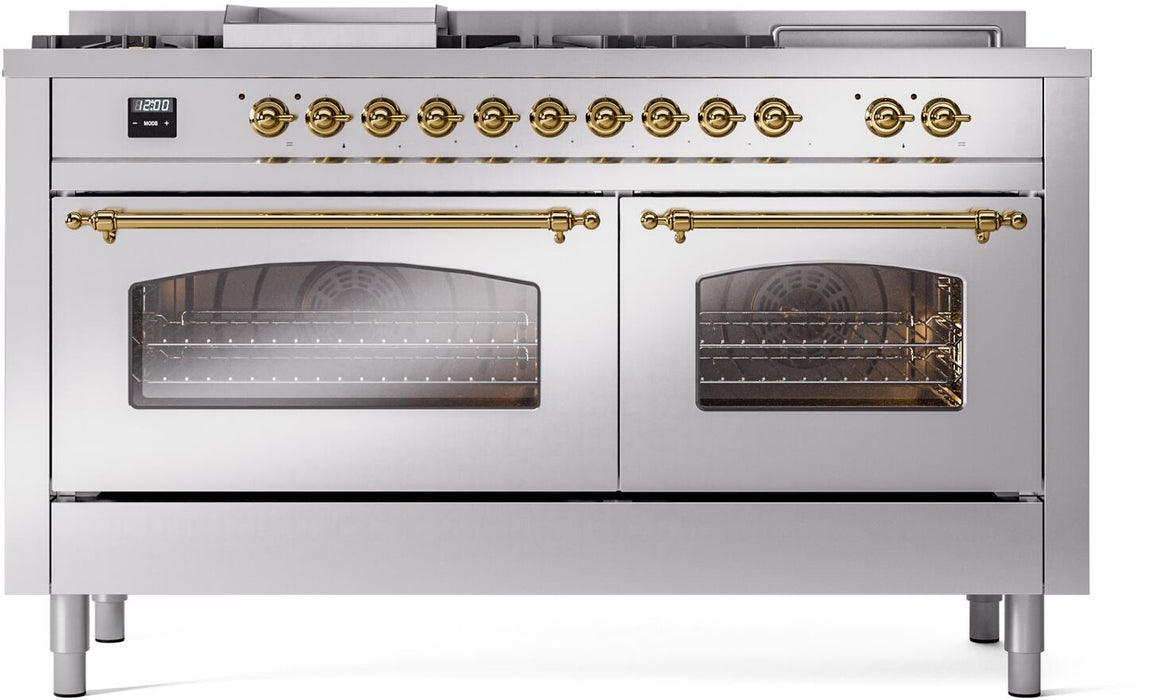 ILVE Nostalgie II 60" Dual Fuel Natural Gas Range in Stainless Steel with Brass Trim, UP60FSNMPSSG