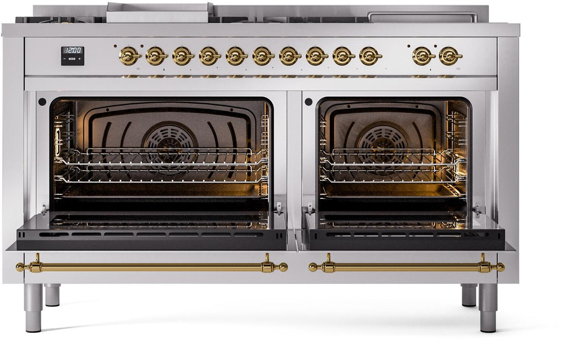 ILVE Nostalgie II 60" Dual Fuel Natural Gas Range in Stainless Steel with Brass Trim, UP60FSNMPSSG