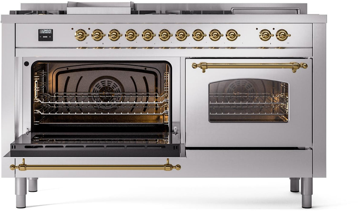 ILVE Nostalgie II 60" Dual Fuel Natural Gas Range in Stainless Steel with Brass Trim, UP60FSNMPSSG