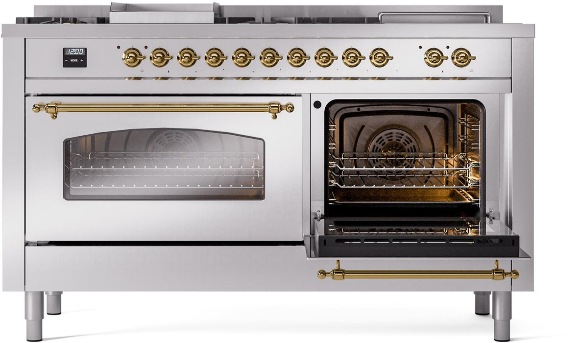 ILVE Nostalgie II 60" Dual Fuel Natural Gas Range in Stainless Steel with Brass Trim, UP60FSNMPSSG