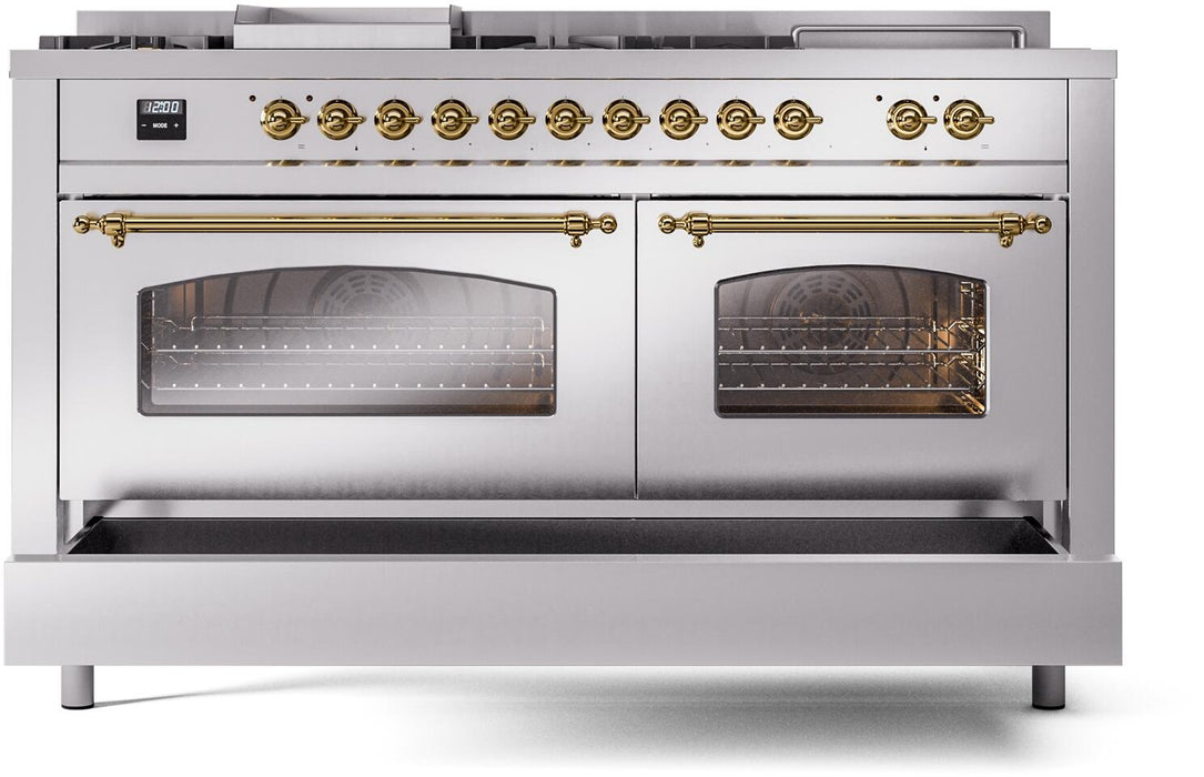 ILVE Nostalgie II 60" Dual Fuel Natural Gas Range in Stainless Steel with Brass Trim, UP60FSNMPSSG