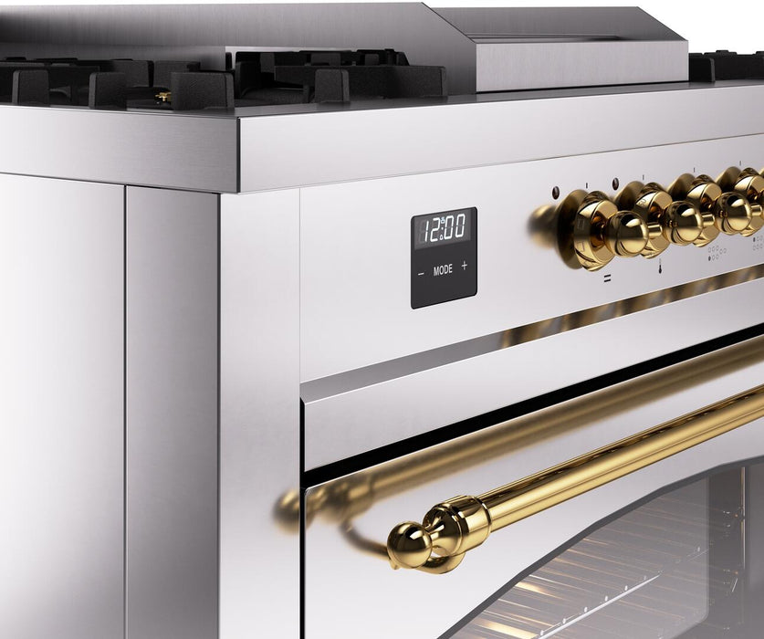 ILVE Nostalgie II 60" Dual Fuel Natural Gas Range in Stainless Steel with Brass Trim, UP60FSNMPSSG