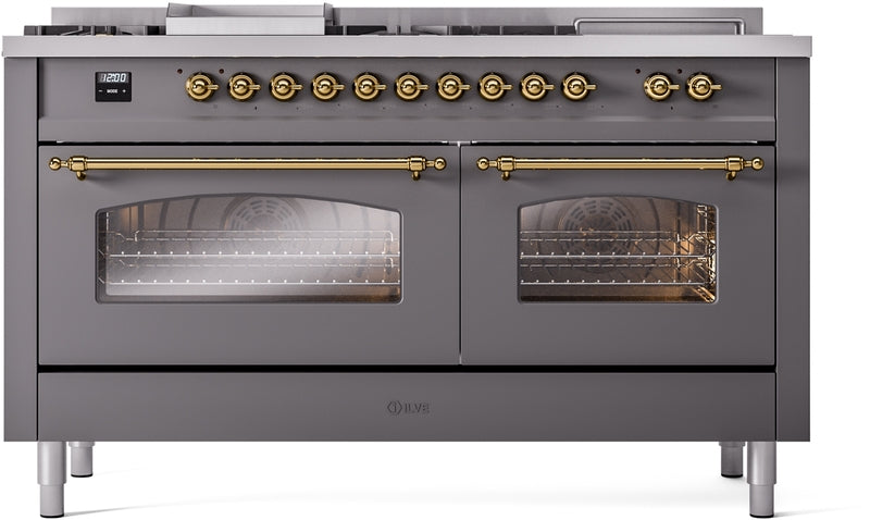 ILVE Nostalgie II 60" Dual Fuel Natural Gas Range in Matte Graphite with Brass Trim, UP60FSNMPMGG