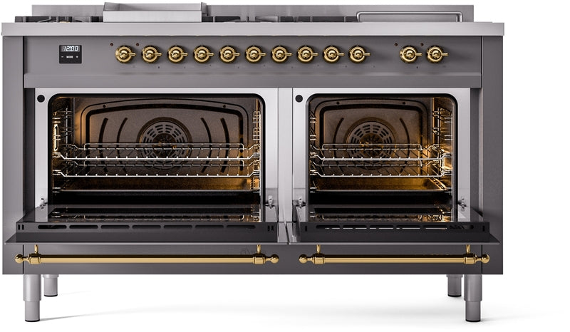 ILVE Nostalgie II 60" Dual Fuel Natural Gas Range in Matte Graphite with Brass Trim, UP60FSNMPMGG