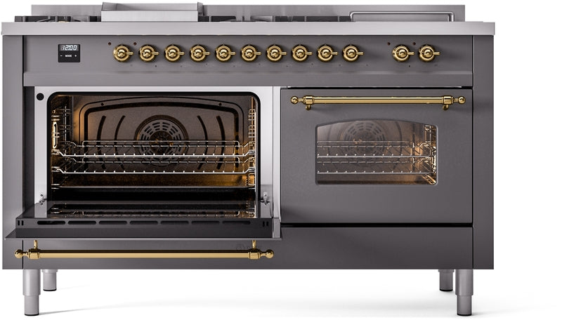 ILVE Nostalgie II 60" Dual Fuel Natural Gas Range in Matte Graphite with Brass Trim, UP60FSNMPMGG