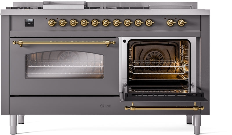 ILVE Nostalgie II 60" Dual Fuel Natural Gas Range in Matte Graphite with Brass Trim, UP60FSNMPMGG