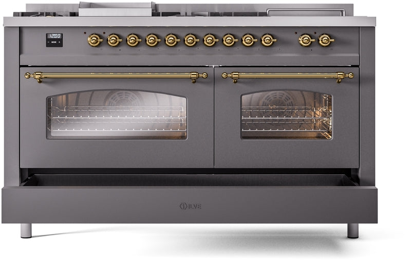 ILVE Nostalgie II 60" Dual Fuel Natural Gas Range in Matte Graphite with Brass Trim, UP60FSNMPMGG