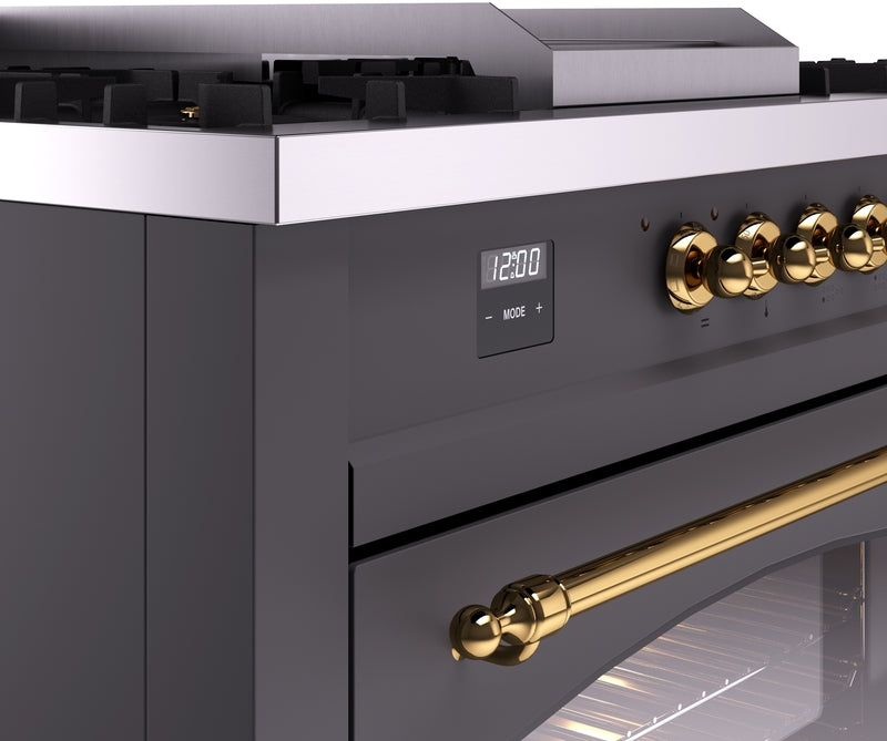 ILVE Nostalgie II 60" Dual Fuel Natural Gas Range in Matte Graphite with Brass Trim, UP60FSNMPMGG