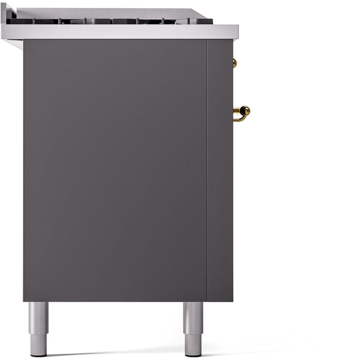 ILVE Nostalgie II 60" Dual Fuel Natural Gas Range in Matte Graphite with Brass Trim, UP60FSNMPMGG