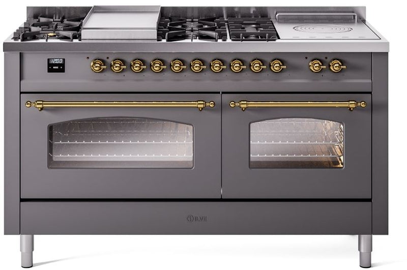 ILVE Nostalgie II 60" Dual Fuel Natural Gas Range in Matte Graphite with Brass Trim, UP60FSNMPMGG