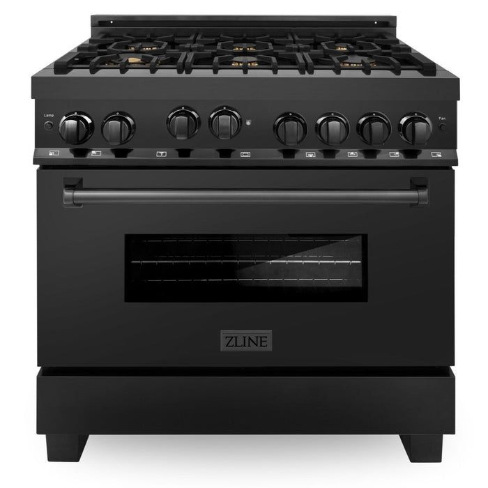 ZLINE Appliance Package - 36 in. Gas Range, Range Hood, Microwave Oven, Dishwasher, Refrigerator, 5KPR-RGBRH36-MWDWV