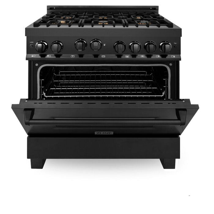 ZLINE Appliance Package - 36 in. Gas Range, Range Hood, Microwave Oven, Dishwasher, Refrigerator, 5KPR-RGBRH36-MWDWV