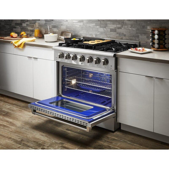 Thor Kitchen Package - 36" Propane Dual Fuel Range, Range Hood, Microwave, Refrigerator, Dishwasher, AP-HRD3606ULP-7