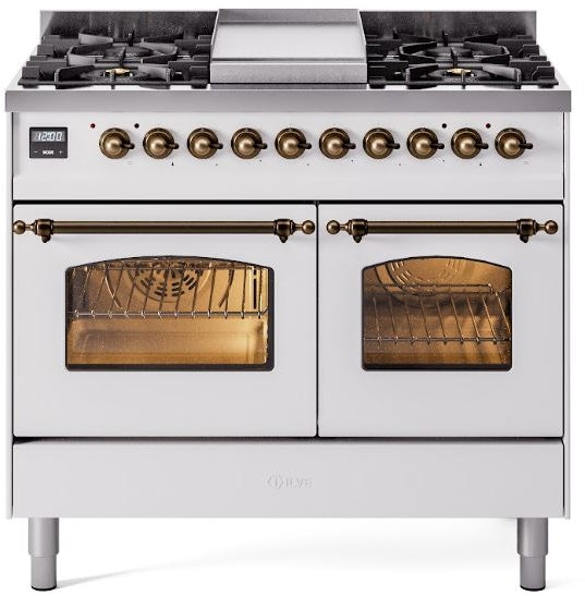 ILVE Nostalgie II 40" Dual Fuel Propane Gas Range in White with Bronze Trim, UPD40FNMPWHBLP