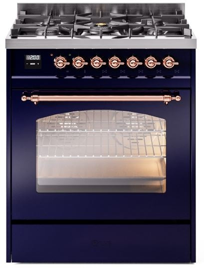 ILVE Nostalgie II 30" Dual Fuel Natural Gas Range in Blue with Copper Trim, UP30NMPMBP