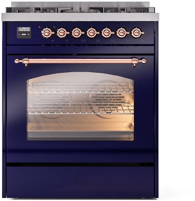 ILVE Nostalgie II 30" Dual Fuel Natural Gas Range in Blue with Copper Trim, UP30NMPMBP