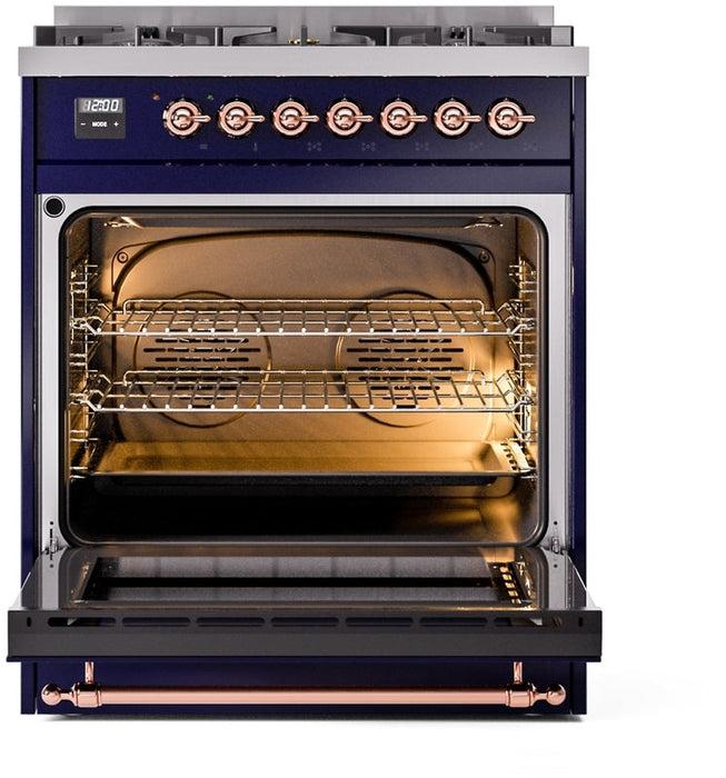 ILVE Nostalgie II 30" Dual Fuel Natural Gas Range in Blue with Copper Trim, UP30NMPMBP