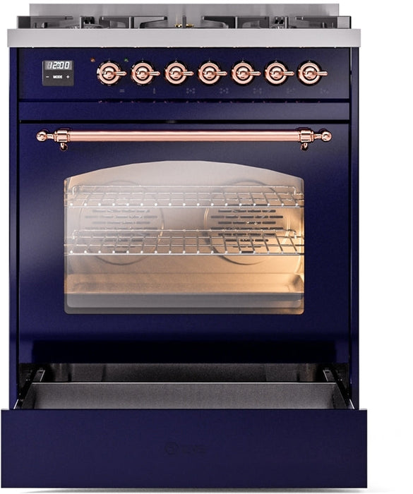 ILVE Nostalgie II 30" Dual Fuel Natural Gas Range in Blue with Copper Trim, UP30NMPMBP