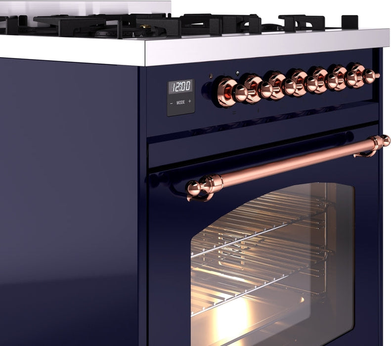 ILVE Nostalgie II 30" Dual Fuel Natural Gas Range in Blue with Copper Trim, UP30NMPMBP