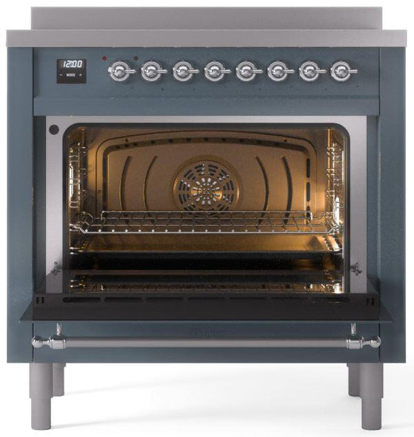 ILVE Nostalgie II 36" Induction Range with Element Stove and Electric Oven in Blue Grey with Chrome Trim, UPI366NMPBGC