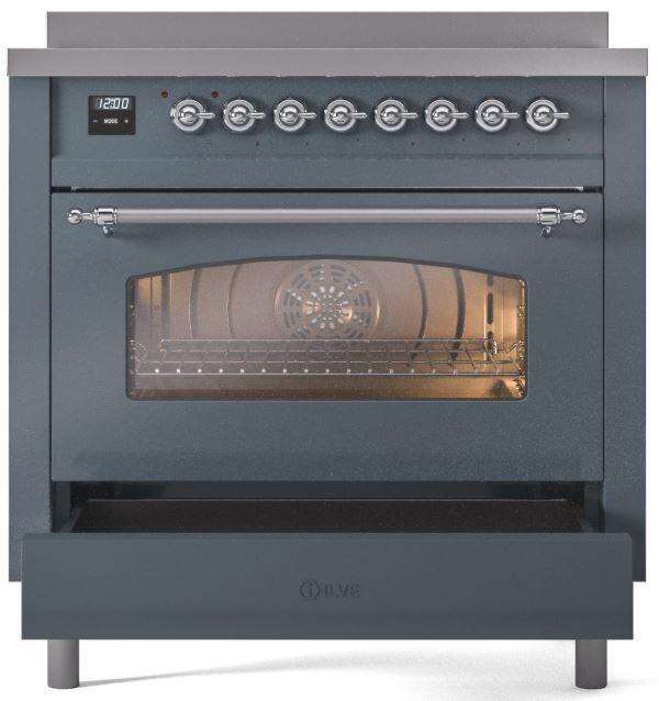 ILVE Nostalgie II 36" Induction Range with Element Stove and Electric Oven in Blue Grey with Chrome Trim, UPI366NMPBGC