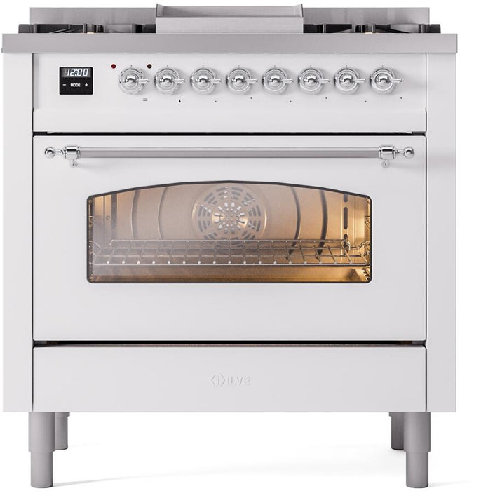 ILVE Nostalgie II 36" Dual Fuel Natural Gas Range in White with Chrome Trim, UP36FNMPWHC