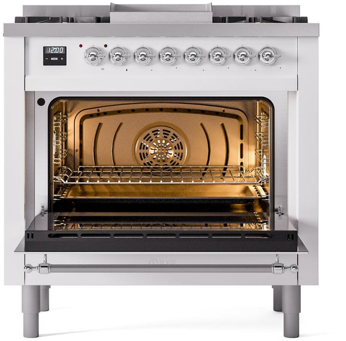 ILVE Nostalgie II 36" Dual Fuel Natural Gas Range in White with Chrome Trim, UP36FNMPWHC