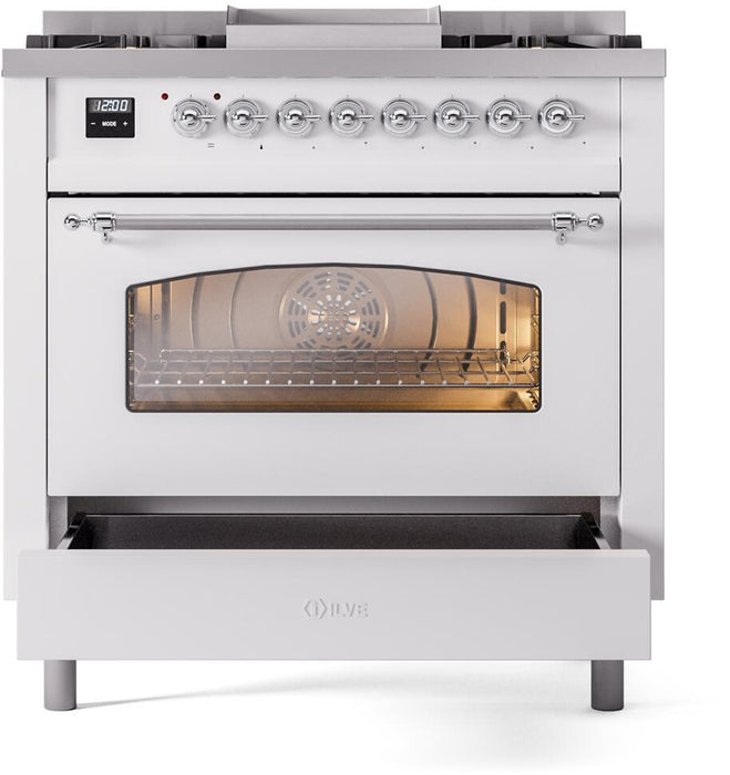 ILVE Nostalgie II 36" Dual Fuel Natural Gas Range in White with Chrome Trim, UP36FNMPWHC