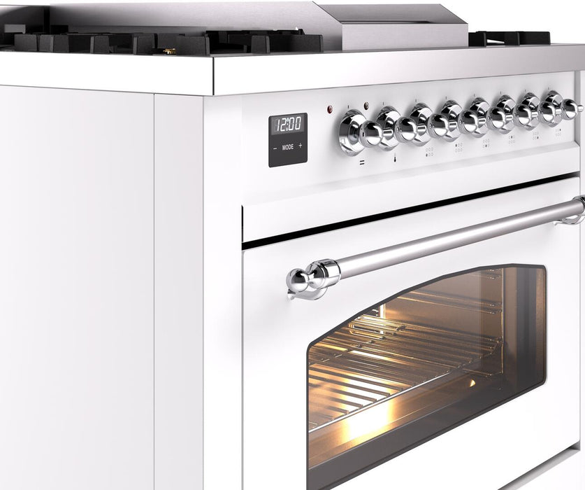 ILVE Nostalgie II 36" Dual Fuel Natural Gas Range in White with Chrome Trim, UP36FNMPWHC