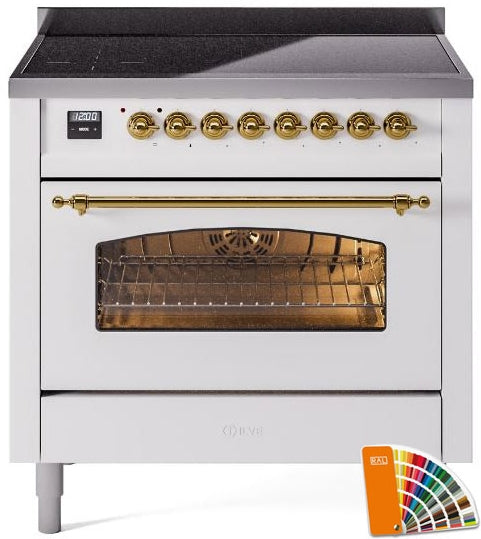 ILVE Nostalgie II 36" Induction Range with Element Stove and Electric Oven in RAL Custom Color with Brass Trim, UPI366NMPRAG