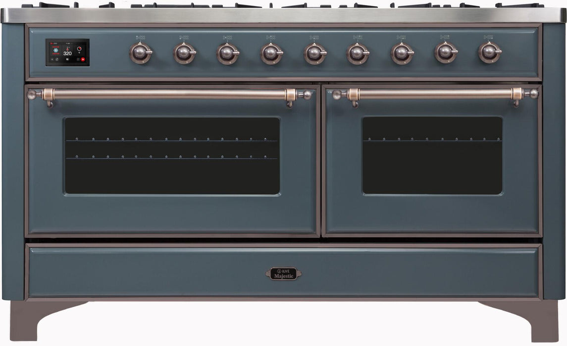 ILVE Majestic II 60" Dual Fuel Natural Gas Range in Blue Grey with Bronze Trim, UM15FDNS3BGB